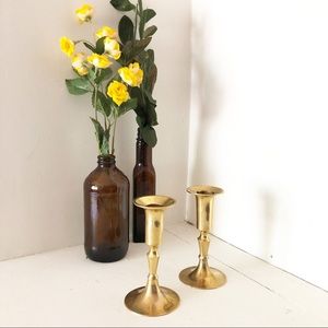 Boho vintage brass candle stick holder set of two
